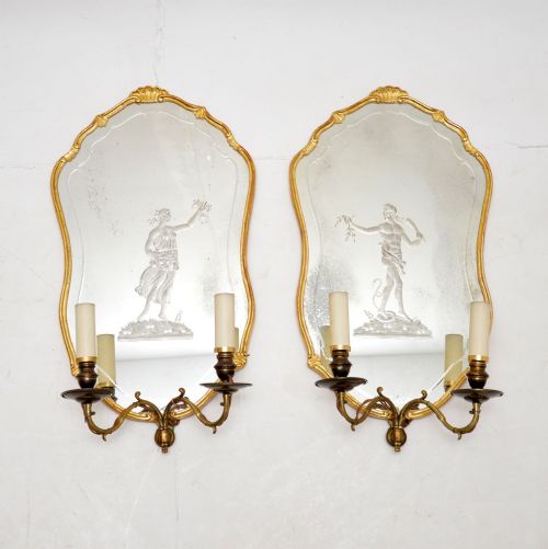 Pair of Antique French Gilt Wood Wall Sconce Mirrors
