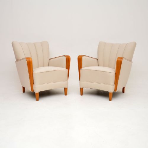 1940’S Pair of Swedish Satin Birch Art Deco Armchairs
