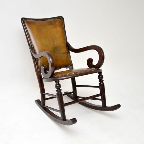 Antique Victorian Leather & Mahogany Rocking Chair
