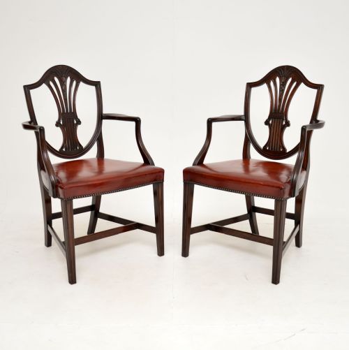 Pair of Antique Mahogany & Leather Carver Armchairs
