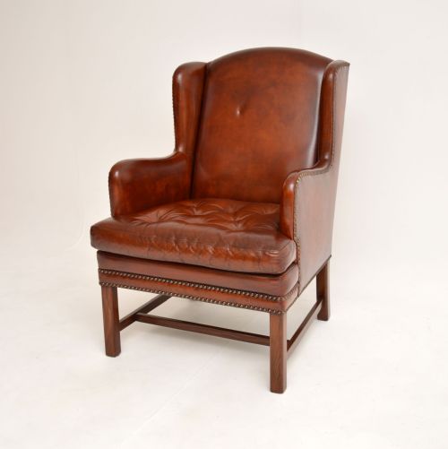 Antique Swedish Leather Wing Back Armchair