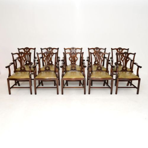 Set of 10 Antique Mahogany Chippendale Carver Dining Chairs