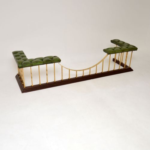 Antique Leather, Brass and Mahogany Fireplace Fender
