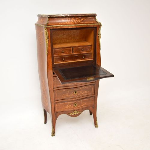 fig 1. Antique French Inlaid Rosewood Marble Top Bombe Secretaire Chest