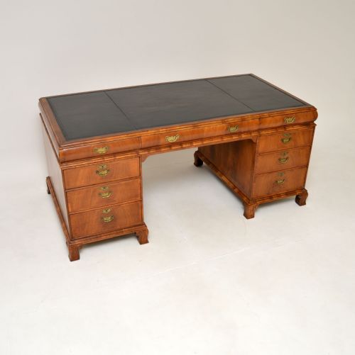 Large Antique Walnut Leather Top Partners Desk
