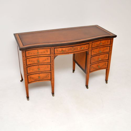 Antique Victorian Inlaid Satin Wood Leather Top Desk

