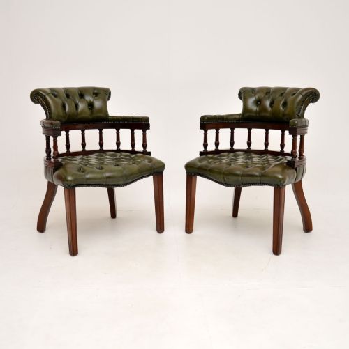 Pair of Antique Leather and Mahogany Captains Armchairs
