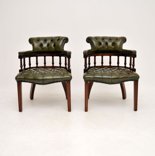 fig 1. Pair of Antique Leather and Mahogany Captains Armchairs