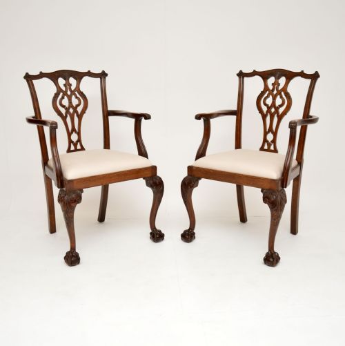 Pair of Antique Chippendale Revival Mahogany Carver Armchairs
