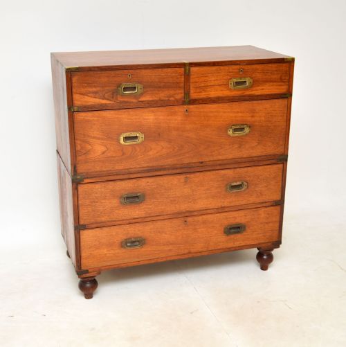 Antique Teak & Brass Military Campaign Chest of Drawers
