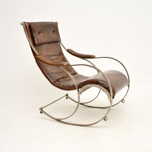 Antique Victorian Steel and Leather Rocking Chair by Peter Cooper for R.w Winfield

