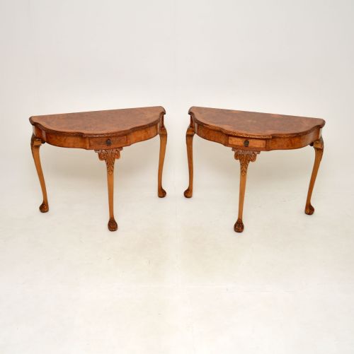 Pair of Antique Queen Anne Style Burr Walnut Console Tables
