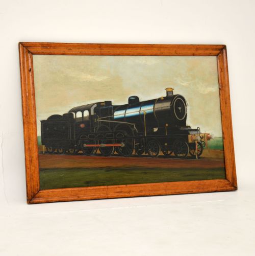 Antique Victorian Oil Painting of Steam Locomotive Train
