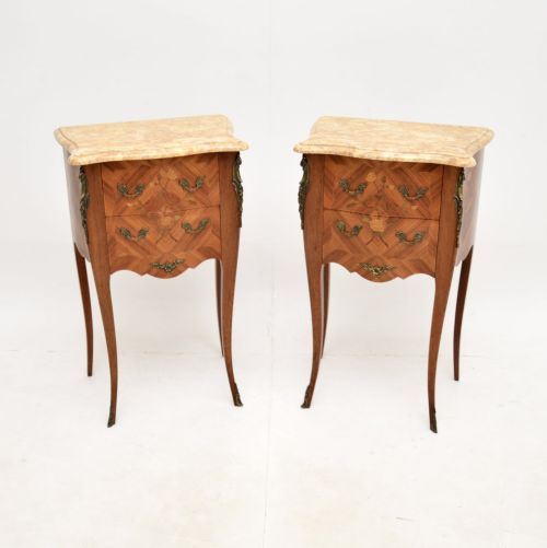 Pair of Antique French Inlaid Marquetry Marble Top Bedside Chests
