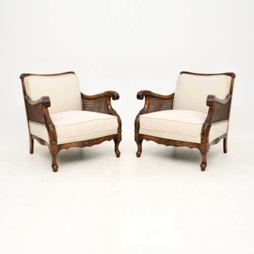 Pair of Antique Swedish Satin Birch Bergere Armchairs
