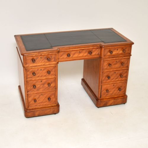 Antique Victorian Satinwood Leather Top Pedestal Desk
