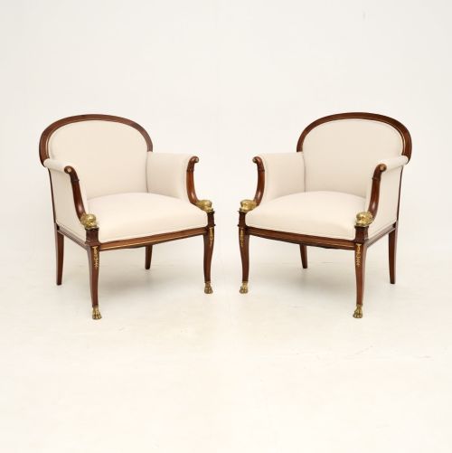Pair of Antique Regency Style Mahogany & Bronze Armchairs
