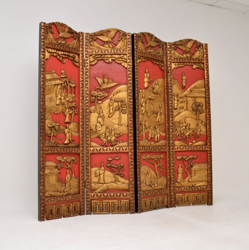 Antique Lacquered & Gilt Oriental Folding Screen / Room Divider
