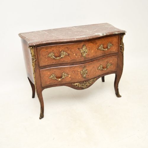 Antique French Marble Top & Marquetry Bombe Commode
