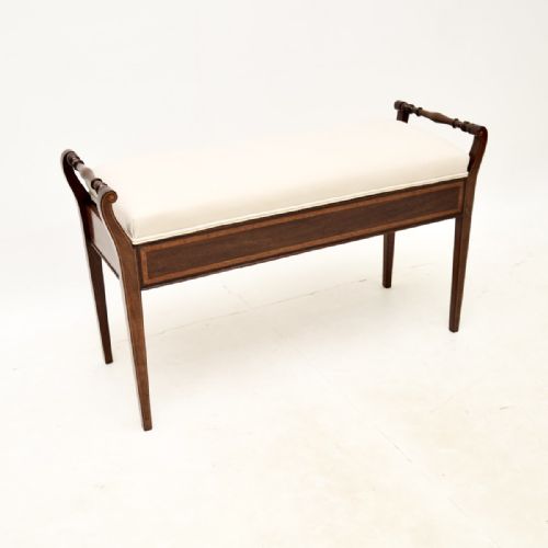 Antique Edwardian Inlaid Mahogany Duet Piano Stool
