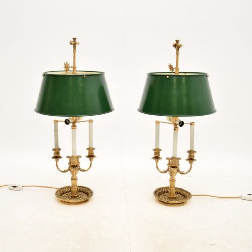 Pair of Antique Brass Table Lamps with Tole Shades
