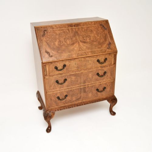 Antique Queen Anne Style Burr Walnut Writing Bureau
