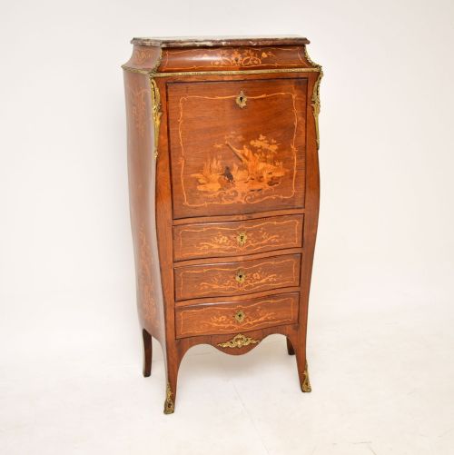 Antique French Marquetry Inlaid Marble Top Bombe Secretaire Chest
