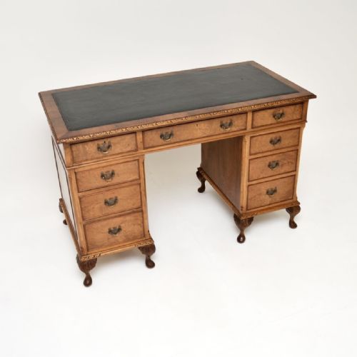 Antique Burr Walnut Leather Top Pedestal Desk

