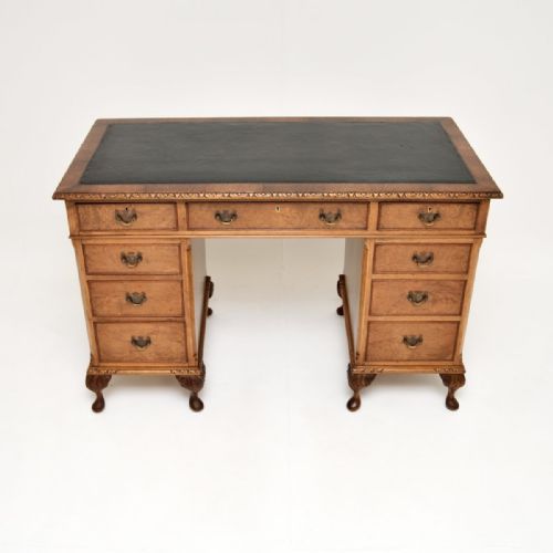 fig 1. Antique Burr Walnut Leather Top Pedestal Desk
