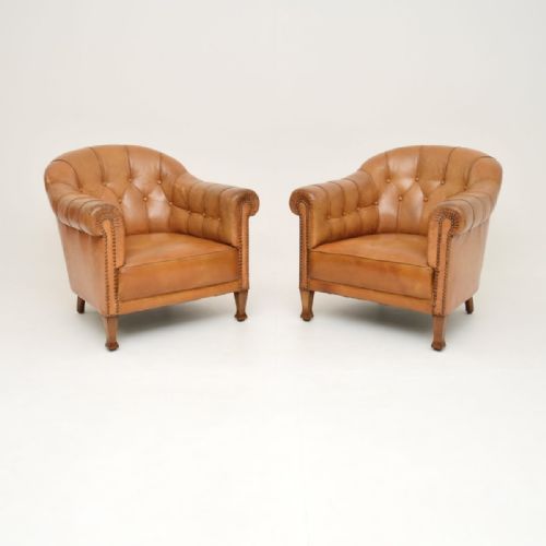 Pair of Antique Swedish Leather Club Armchairs

