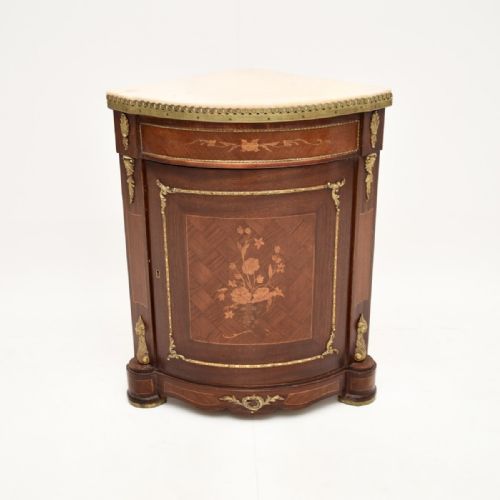 Antique French Inlaid Walnut Marble Top Corner Cabinet
