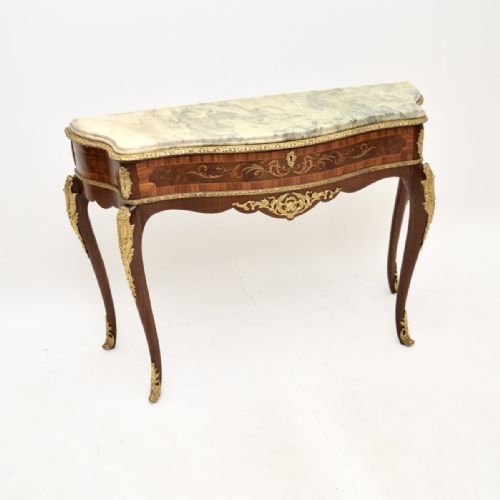 Antique French Marble Top Inlaid Walnut Console Table
