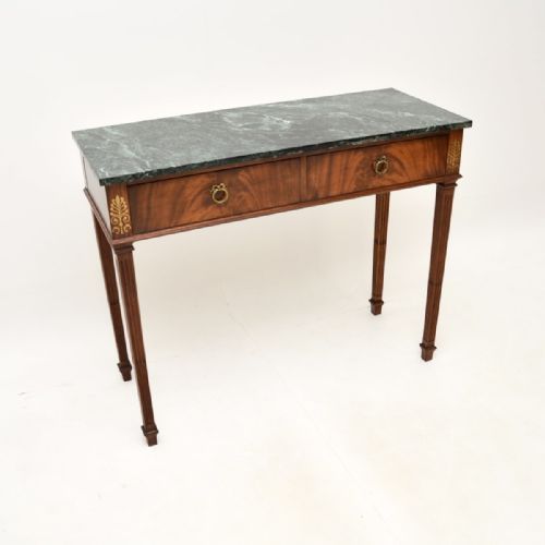 Antique Brass Inlaid Mahogany Marble Top Console Table
