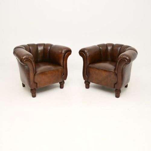Pair of Antique Swedish Leather Club Armchairs
