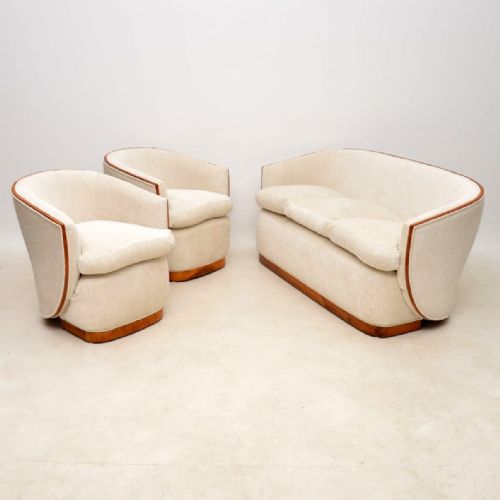 Art Deco Pair of Armchairs and Matching Sofa in Walnut
