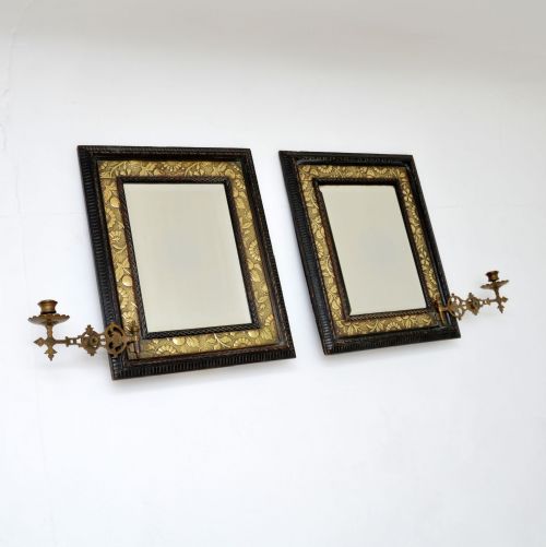 Pair of Antique Victorian Bevelled Brass & Wood Mirrors
