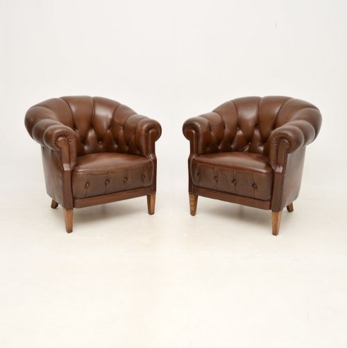 Pair of Antique Swedish Leather Club Armchairs