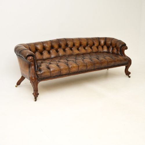 Antique Victorian Leather and Carved Walnut Sofa
