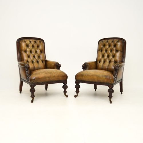 Pair of Antique William IV Mahogany and Leather Library Armchairs

