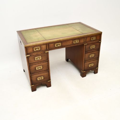 Antique Mahogany Leather Top Military Campaign Pedestal Desk
