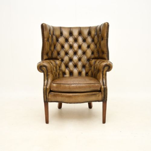 fig 1. Pair of Antique Leather Barrel Back Wing Armchairs