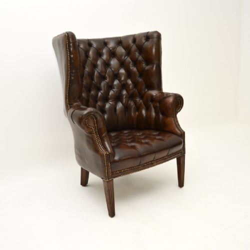 Antique Leather Barrel Back Wing Armchair

