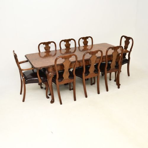 Antique Queen Anne Style Burr Walnut Dining Table and Chairs
