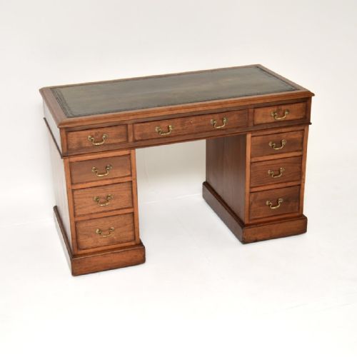 Antique Victorian Walnut Leather Top Pedestal Desk

