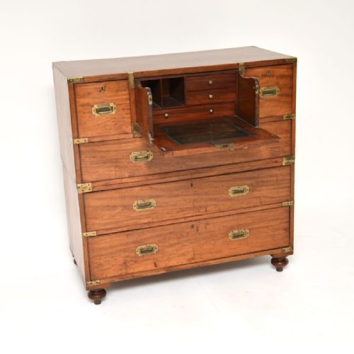 fig 1. Antique Teak Military Campaign Secretaire Chest of Drawers
