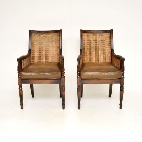 fig 1. Pair of Antique Regency Style Mahogany and Leather Cane Back Armchairs