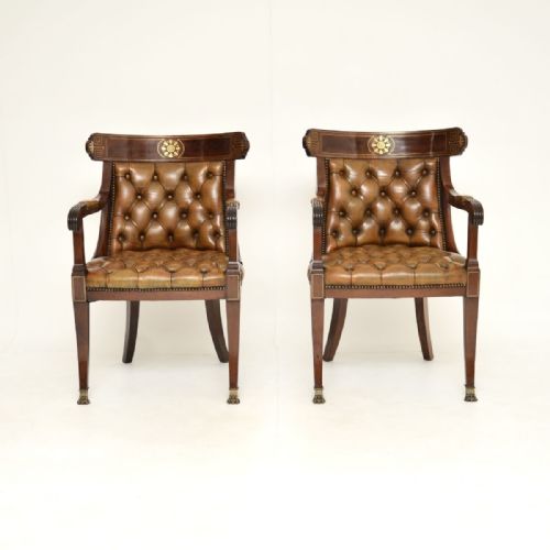 fig 1. Pair of Antique Regency Period Brass Inlaid Mahogany and Leather Armchairs
