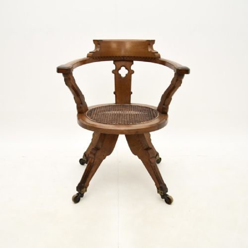 fig 1. Antique Victorian Gothic Revival Solid Oak Swivel Desk Chair