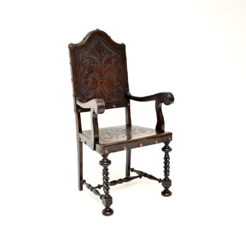 fig 1. Set of Six Antique Portuguese Embossed Leather and Walnut Dining Chairs