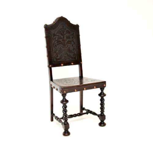 fig 2. Set of Six Antique Portuguese Embossed Leather and Walnut Dining Chairs